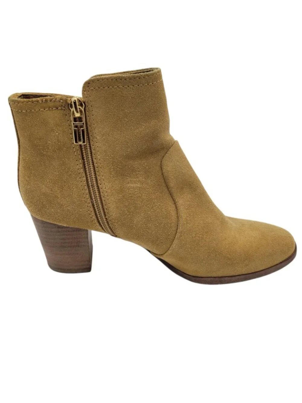 TORY BURCH Sabe Suede Ankle Boots Womens 8 Caramel Tan Round Toe Stacked Heel